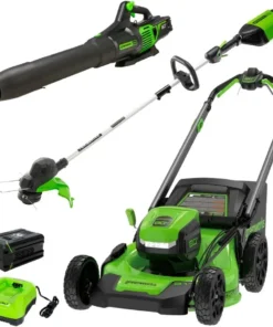 Greenworks 80V 21” Lawn Mower, 13” String Trimmer, and 730 Leaf Blowers
