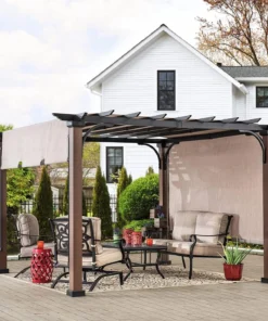 Sunjoy 11 x 11 ft Metal Pergola with Adjustable Tan Garden Shades